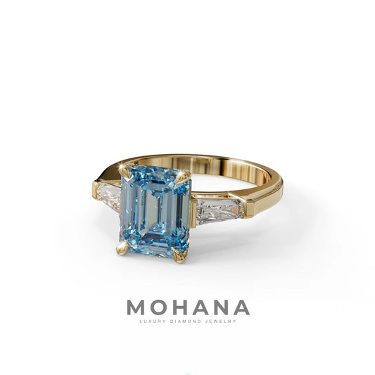 3.75ct Fancy Blue Emerald & Tapered Baguette Three Stone Lab Diamond Ring