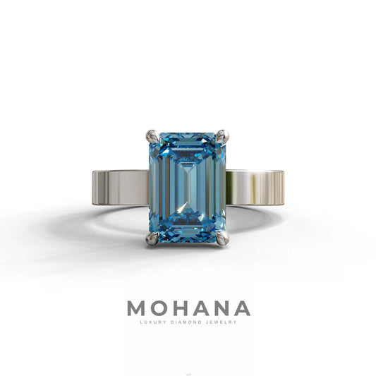 3 Carat Blue Emerald Lab Grown Diamond Solitaire Engagement Ring - Zulu - 10K Solid Gold / White Gold