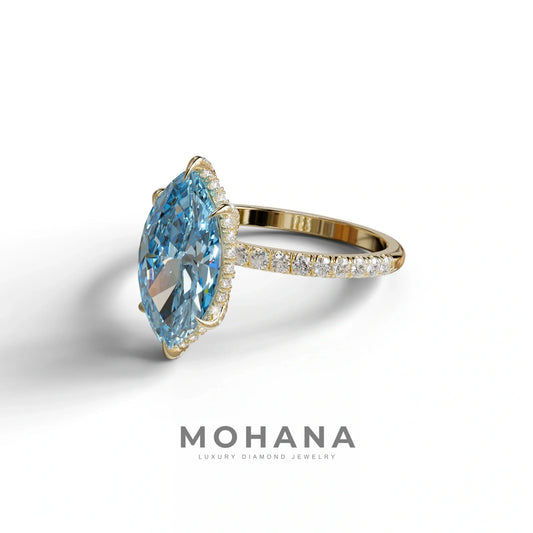 3 Carat Blue Marquise Cut Lab Diamond In Hidden Halo & Pave Setting Ring