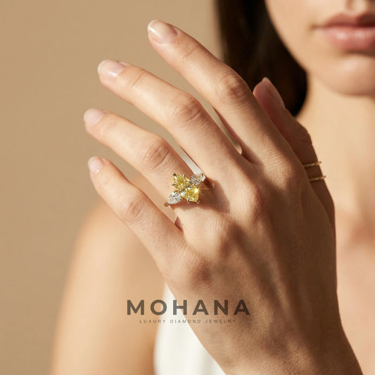 3 Carat Canary Yellow Marquise & Pear Cut Three Stone Lab Grown Diamond Engagement Ring