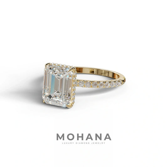 3 Carat E-VVS Emerald Cut Lab Diamond In Hidden Halo & Pave Setting Ring