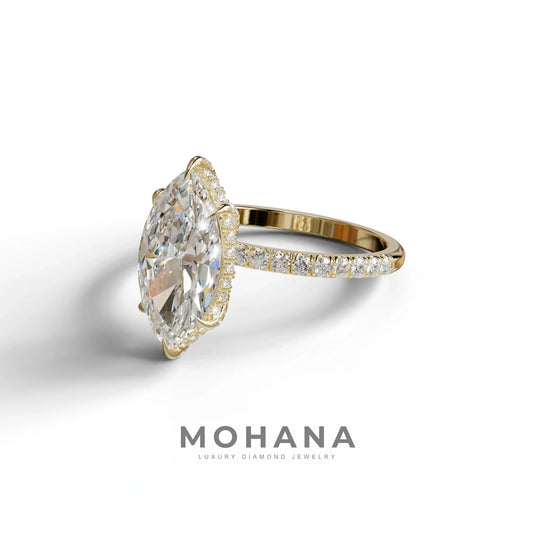 3 Carat E-VVS Marquise Cut Lab Diamond In Hidden Halo & Pave Setting Ring