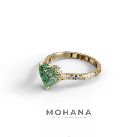 Fancy Vivid Green Heart Cut Lab Diamond Ring – Pavé Band | 10K 14K 18K Gold & Platinum