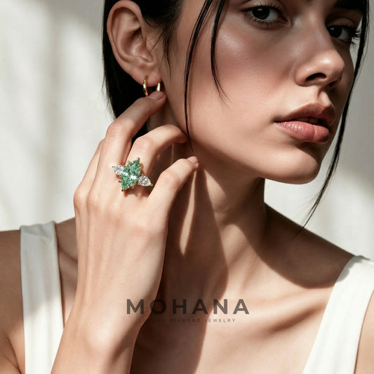 3 Carat Fancy Green Marquise & Pear Cut Three Stone Lab Grown Diamond Engagement Ring