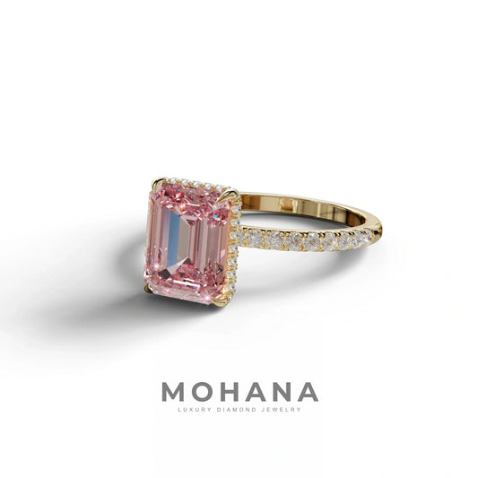 3 Carat Pink Emerald Cut Lab Diamond In Hidden Halo & Pave Setting Ring
