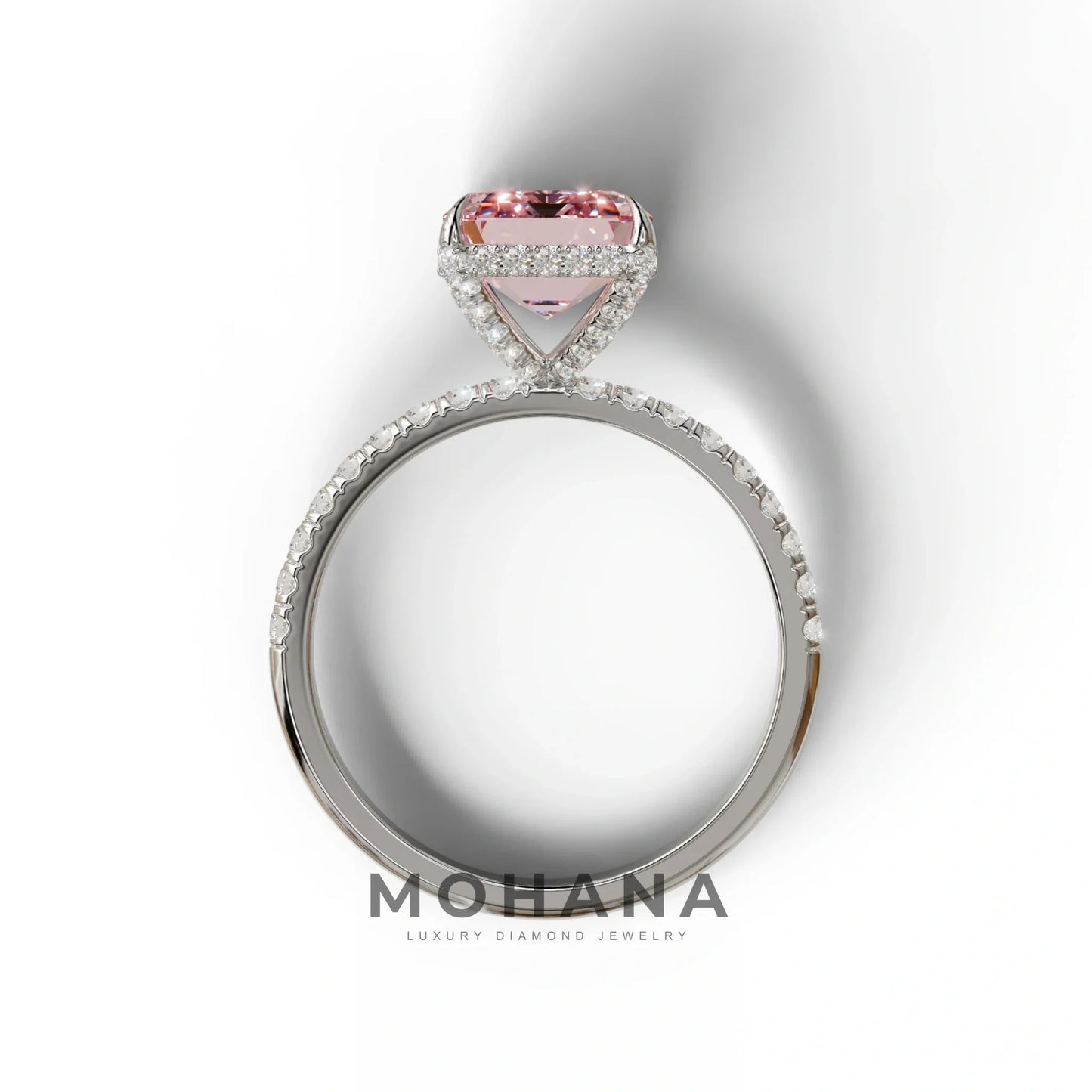 3 Carat Pink Emerald Cut Lab Diamond In Hidden Halo & Pave Setting Ring