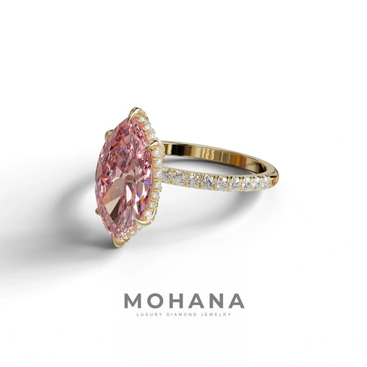 3 Carat Pink Marquise Cut Lab Diamond In Hidden Halo & Pave Setting Ring