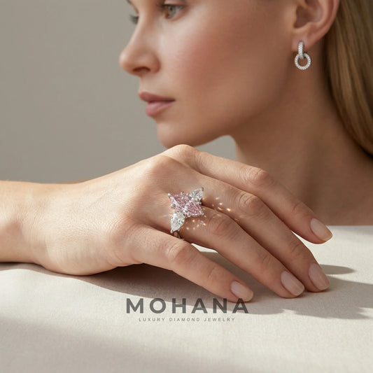 3 Carat Fancy Pink Marquise & Pear Cut Three Stone Lab Grown Diamond Engagement Ring