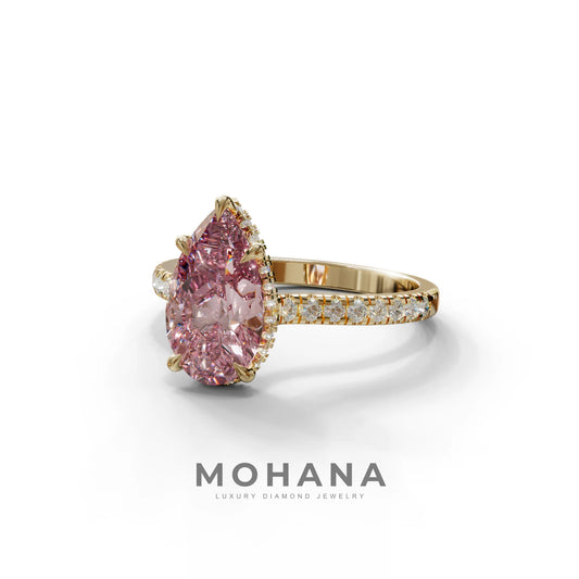 3 Carat Pink Pear Cut Hidden Halo & Pave Set Lab Diamond Ring - Eblouissant
