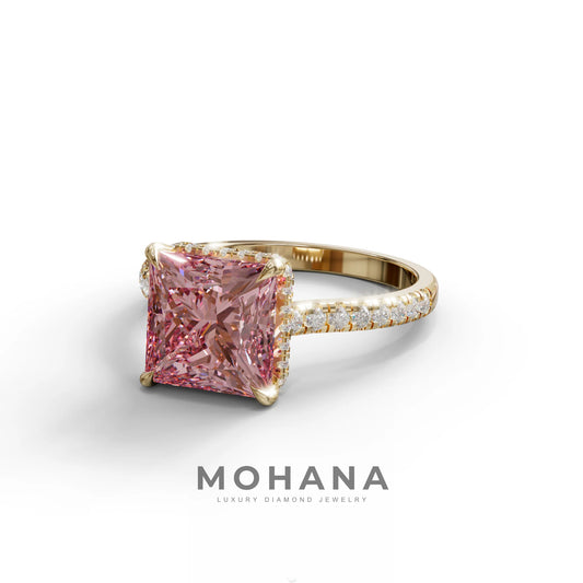 3 Carat Fancy Pink Princess Cut Hidden Halo Lab Grown Diamond Engagement Ring