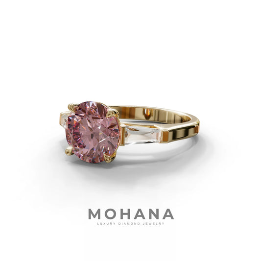 3 Carat Pink Round & Tapered Cut Multi Stone Lab Diamond Ring - Reflection