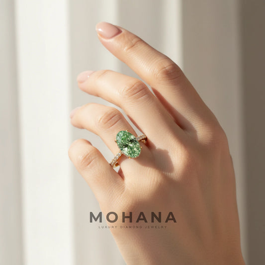 3 Carat Fancy Vivid Green Oval Cut Hidden Halo & Pave Lab Grown Diamond Ring