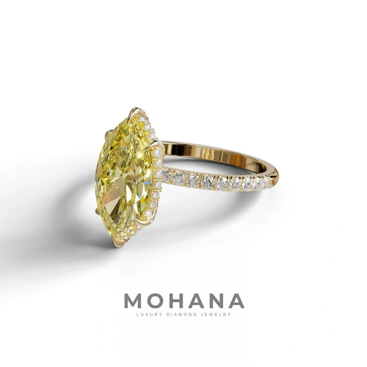 3 Carat Yellow Marquise Cut Lab Diamond In Hidden Halo & Pave Setting Ring