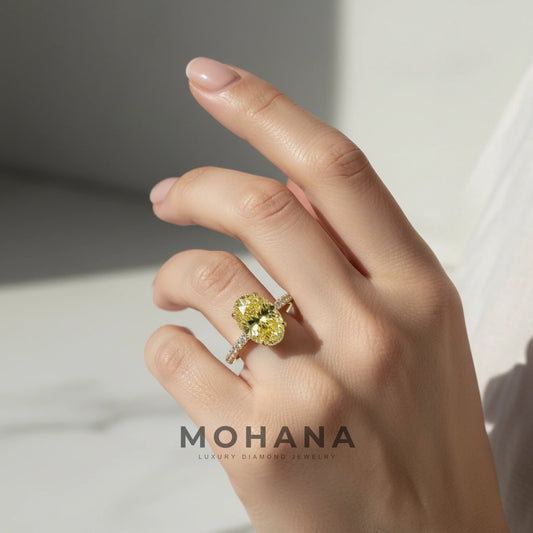 3 Carat Fancy Yellow Oval Cut Hidden Halo & Pave Lab Grown Diamond Ring