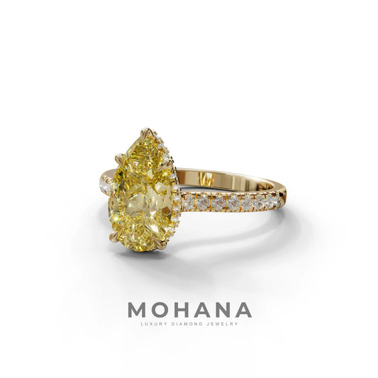 3 Carat Yellow Pear Cut Hidden Halo & Pave Set Lab Diamond Ring - Eblouissant