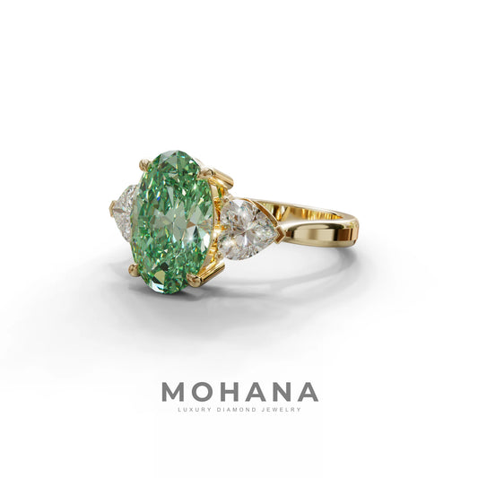 4 Ct Green Oval & Heart Shape 3 Stone Engagement Diamond Ring - Lucid
