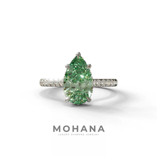 3 Carat Green Pear Cut Hidden Halo & Pave Set Lab Diamond Ring - Eblouissant - 10K Solid Gold / White Gold