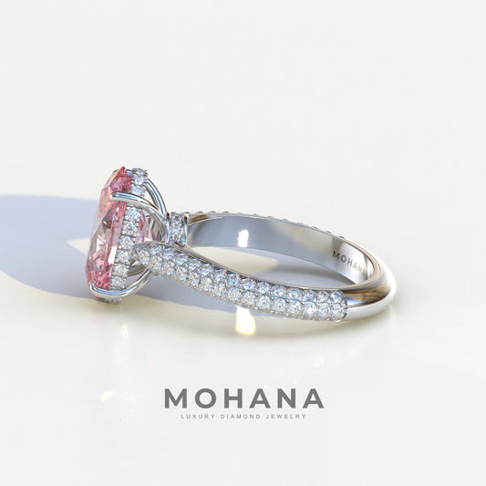 3 Carat Pink Oval Cut Hidden Halo & Pave Set Lab Diamond Engagement Ring - Viviana