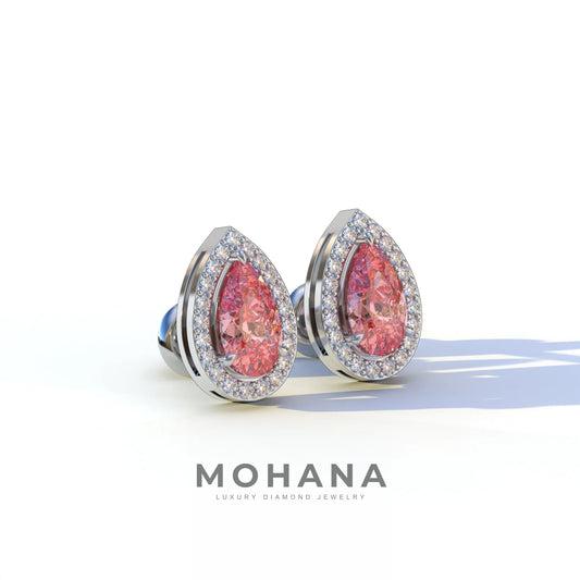 3 Carat Pink Pear Cut Lab Diamond Stud Earrings | Halo Setting - Kelly