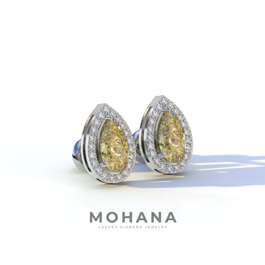 3 Carat Yellow Pear Cut Lab Diamond Stud Earrings | Halo Setting - Kelly