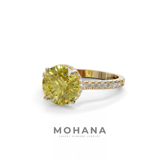 3 Carat Yellow Round Cut Hidden Halo & Pave Setting Lab Diamond Ring - Eblouissant