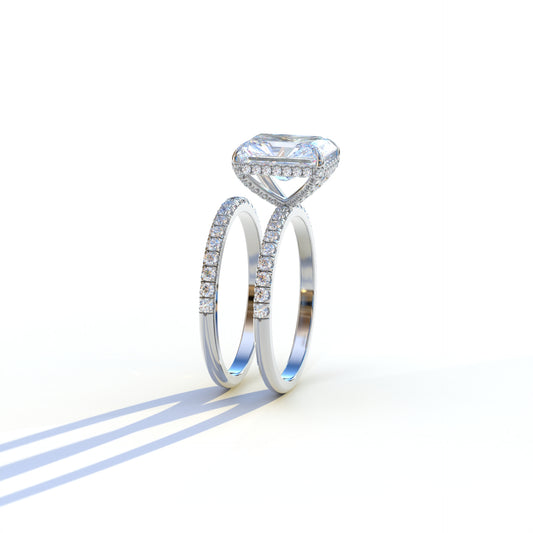 E VVS 3 Carat Radiant Cut Hidden Halo & Pave Diamond Ring Set - Millenia