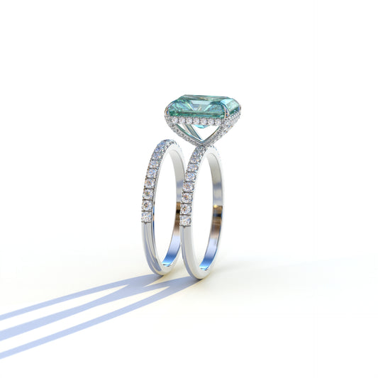 3 Carat Green Radiant Cut Hidden Halo & Pave Diamond Ring Set - Millenia