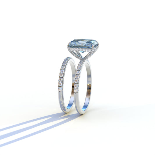 3 Carat Blue Radiant Cut Hidden Halo & Pave Diamond Ring Set - Millenia