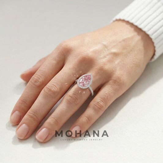 3ct Fancy Pink Pear Cut Halo & Pave Lab Grown Diamond Engagement Ring - Madona