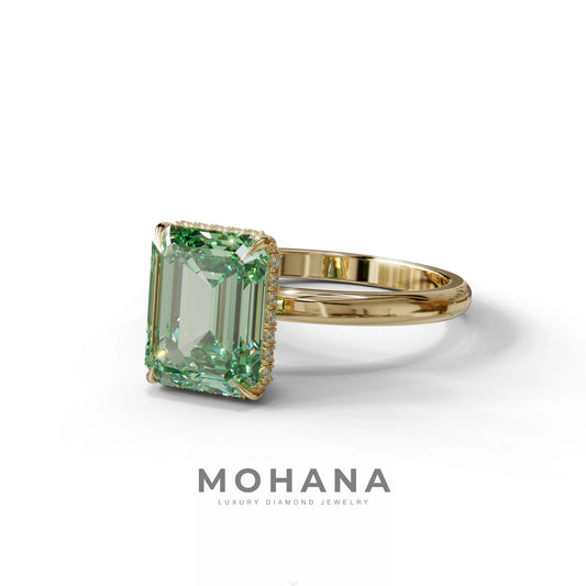 3 Carat Green Emerald Cut Hidden Halo & Claw Setting Lab Grown Diamond Ring