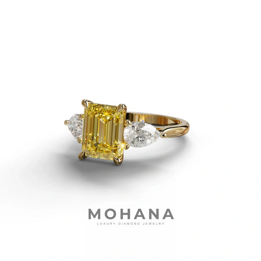 3 Carat Yellow Emerald Cut Lab Diamond In 3 Stones Claw Prongs Setting Ring