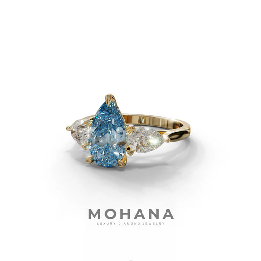 3 Carat Blue Pear Cut Lab Diamond In 3 Stones Claw Prongs Setting Ring