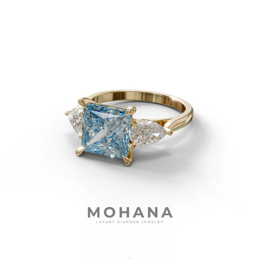 4 Carat Fancy Blue Princess Cut Three Stone Lab Grown Diamond Engagement Ring