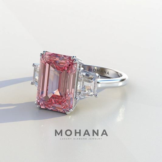 4 Carat Pink Emerald & Trapezoid Cut Lab Diamond Three Stone Engagement Ring - Marlene