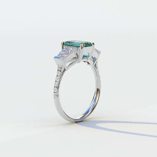 1.50 Carat Green Emerald with Tapered Cut Lab Grown Diamond Ring - Libra