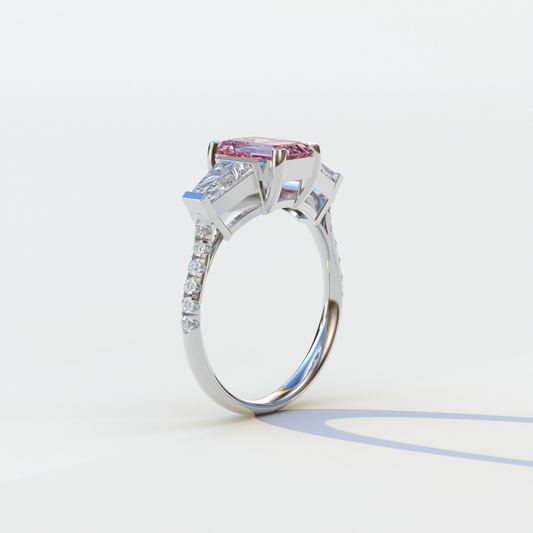 1.50 Carat Pink Emerald with Tapered Cut Lab Grown Diamond Ring - Libra