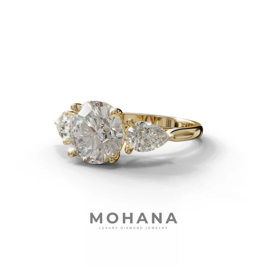 5 Carat E-VVS Round & Pear Cut Three Stone Lab Diamond Ring - Luminous