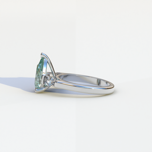 3 Carat Pear Cut Green Lab Diamond Ring 3 Stone Design - Bella
