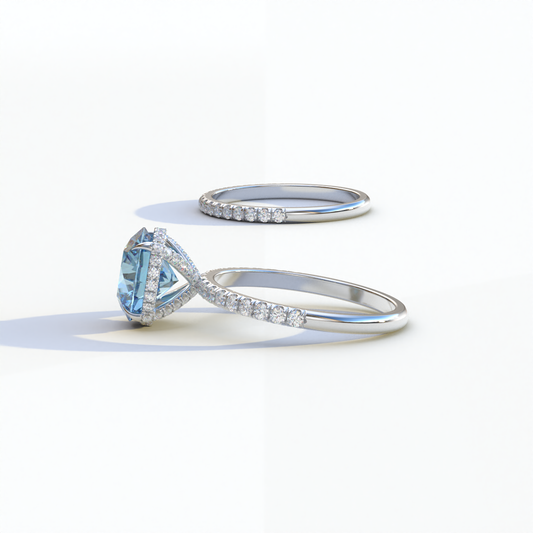 2 Carat Blue Round Cut Ring Set | Halo & Pave Setting Lab Diamond Ring - Angelina