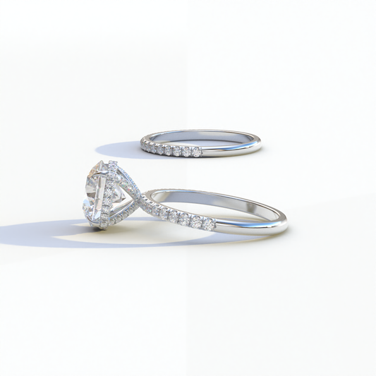 2 Carat E-VVS Round Cut Ring Set | Halo & Pave Setting Lab Diamond Ring - Angelina