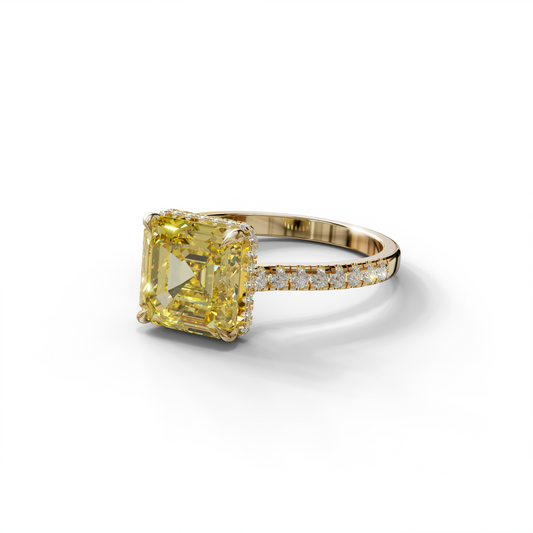 3.5 Carat Yellow Asscher‑Cut Lab Diamond Engagement Ring with Halo and Pavé Accents