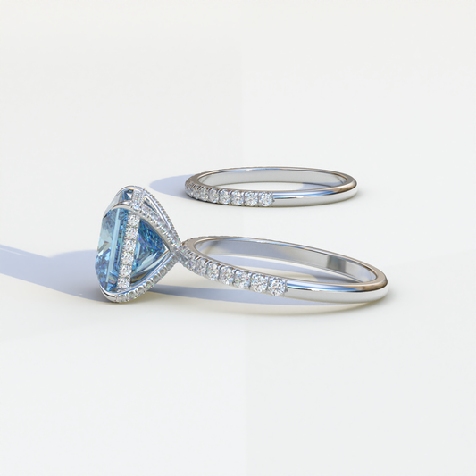 3 Carat Blue Princess Cut Hidden Halo & Pave Diamond Ring Set - Florere