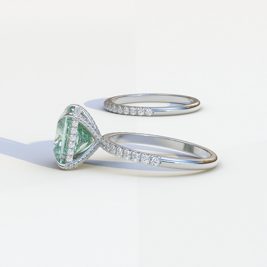 3 Carat Green Princess Cut Hidden Halo & Pave Diamond Ring Set - Florere