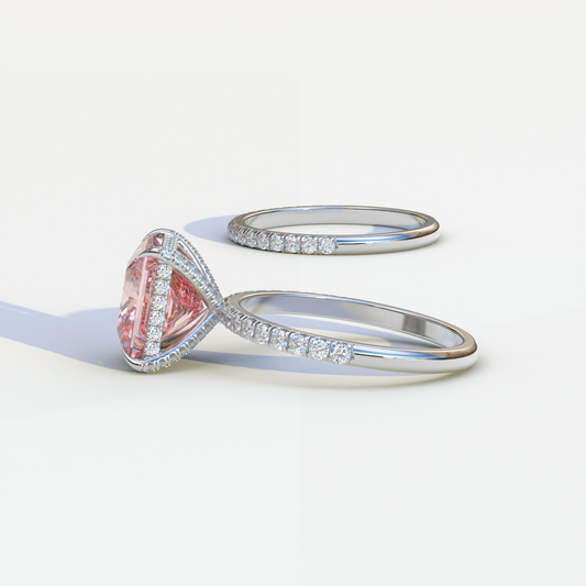3 Carat Pink Princess Cut Hidden Halo & Pave Diamond Ring Set - Florere