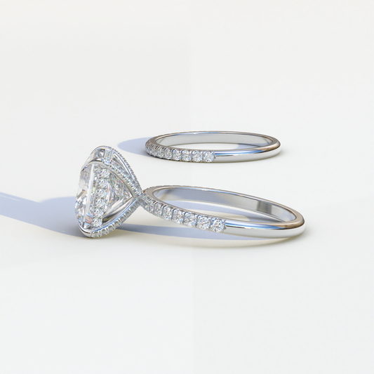 E VVS 3 Carat Princess Cut Hidden Halo & Pave Diamond Ring Set - Florere