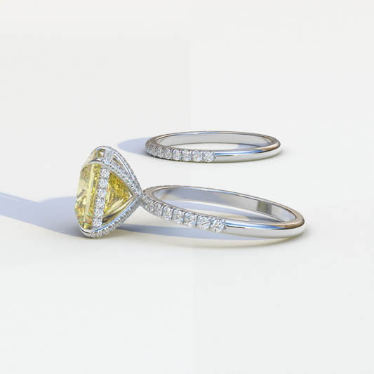 3 Carat Yellow Princess Cut Hidden Halo & Pave Diamond Ring Set - Florere
