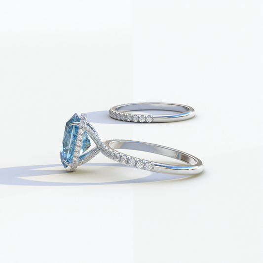 2 Carat Blue Oval Cut Hidden Halo & Pave Diamond Ring Set - Olivia