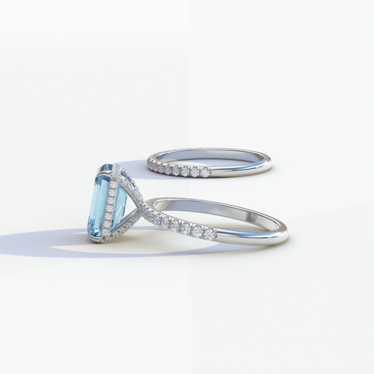 3 Carat Blue Emerald Cut Hidden Halo & Pave Diamond Ring Set - Lilac