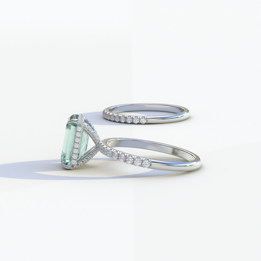 3 Carat Green Emerald Cut Hidden Halo & Pave Diamond Ring Set - Lilac