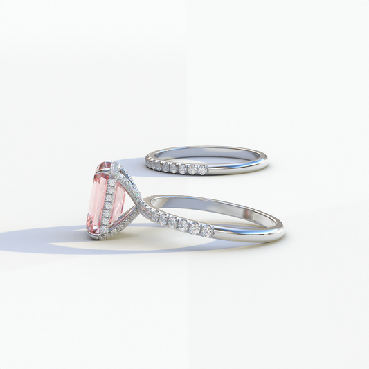 3 Carat Pink Emerald Cut Hidden Halo & Pave Diamond Ring Set - Lilac